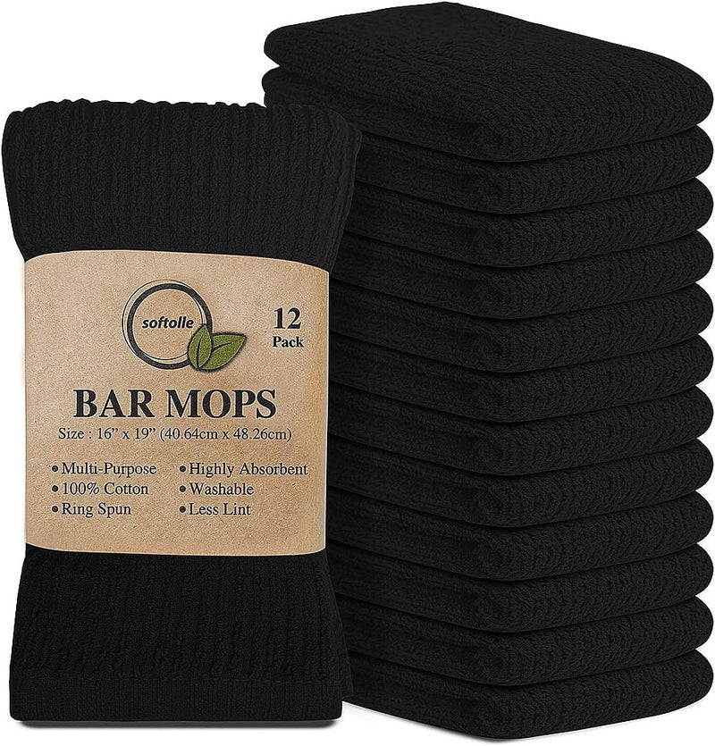 Softolle Bar Mop Towels, Pack of 12-16x19 Inches - 100% Cotton Super Absorbent Towels, Multi-Purpose for Home and Bar Cleaning (Black) - Image 1